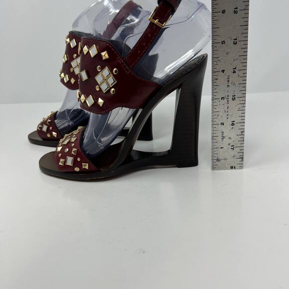 Tory Burch Women's Size 7 Kingsbridge Studded Open Toe Wedge Maroon Sandals - Picture 5 of 15